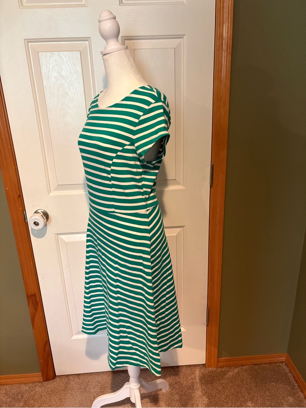 Old Navy Green and White Striped Midi Fit-and-Flare Dress